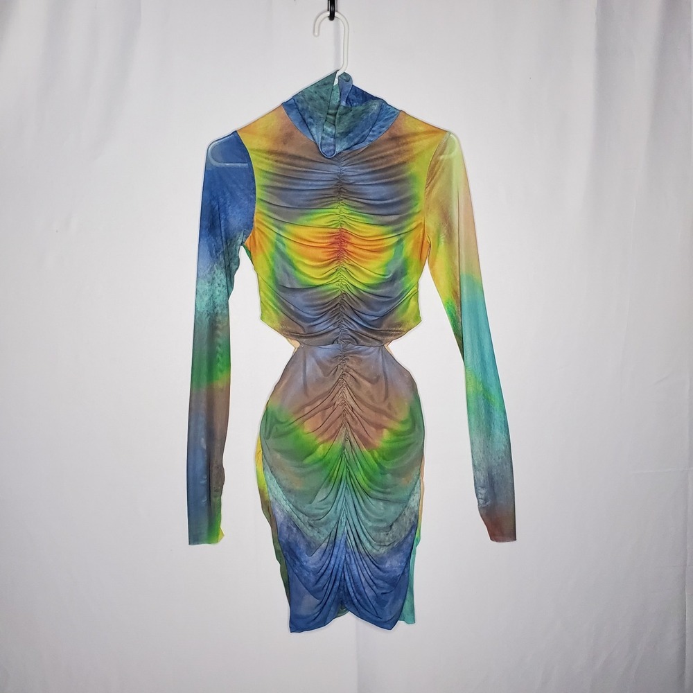Afrm Mesh Dress XS Colorful Cutout Ruched Mock Forest Fairy Celestial Festival